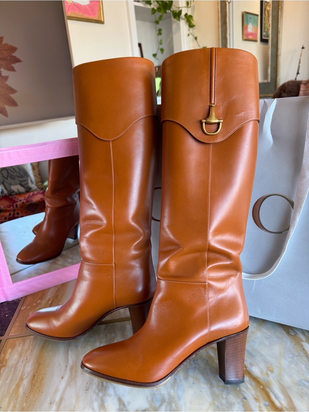 Gucci Cognac Leather Knee-High Heeled Boots with Gold-Tone Detail